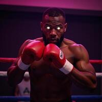 African American boxer midaction under bright pink neon lights with intense expression and shining eyes closeup reveals sweaty muscles embodying power and determination photo