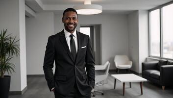 AfricanAmerican businessman portrayed with confidence in a modern office setting formal attire photo