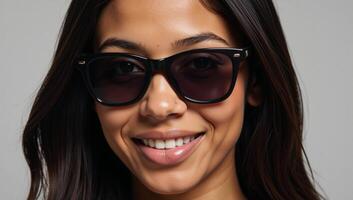 Closeup portrait of an African American woman in sunglasses looking at the camera with a smile photo