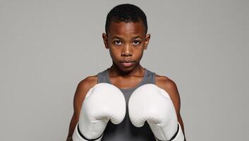 African American boy donning boxing gloves ready for action photo