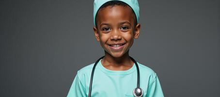Image of a little black boy in a nurse costume exuding care and concern photo
