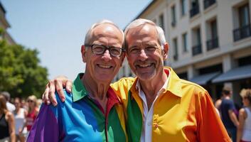 Gay seniors celebrate Pride Month with a heartwarming embrace amidst LGBTQ parade festivities donning vibrant rainbow flags in the clear blue sky photo