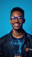 Portrait of a futuristic African American man with glasses against a blue backdrop conveying themes of technology and optics in a cyberpunkinspired brightly lit future setting photo
