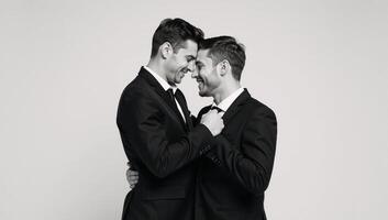 Rendering of an intimate gay couple with strong bond set against a clean background photo