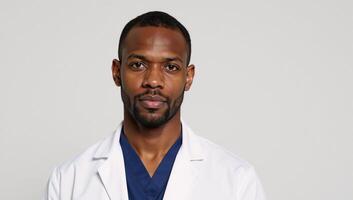 A serious African American doctor donning a pristine white coat photo