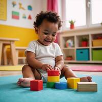 Joyful learning moment with an African American toddler engrossed in colorful wooden blocks set against a vibrant playroom backdrop photo