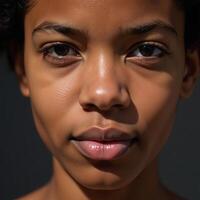 Closeup portrait showcases vibrant expressions and rich skin tone of young African American individual illuminated by natural light photo