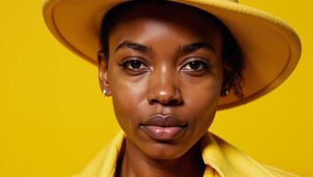 A young AfricanAmerican woman is posed stylishly against a vibrant yellow backdrop photo