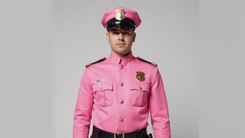 A man dressed in a pink gay cop uniform costume photo
