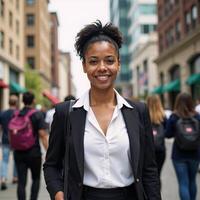 Black Woman stands proud amidst a diverse crowd headed for education an empowering and inspiring depiction photo