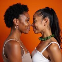 Two stylishly dressed young AfricanAmerican lesbians stand together romantically against an orange backdrop wearing wreaths around their necks and gazing off introspectively photo