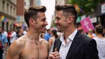 A gay pride portrait featuring two handsomely dressed men displaying their Pride colors and symbols photo
