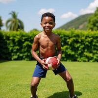 Dynamic portrait of an energetic and confident AfricanAmerican boy holding a rugby ball ready to play photo