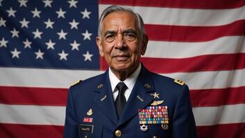 An elderly AfricanAmerican veteran stands proudly before an American flag in his military uniform adorned with medals for Veterans Day photo