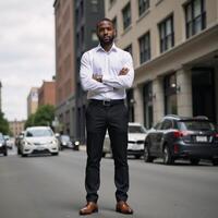 Confident Black construction worker poses on city sidewalk photo