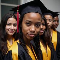 A closeup image features a group of focused young African Americans wearing matriculation gowns and hats standing united against a blurred background photo
