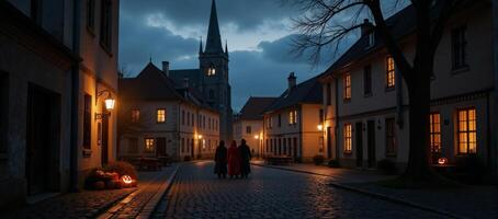 Spooky Halloween shadows engulf an old European town photo