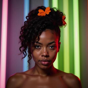 resumen fondo caracteristicas un vibrante africano americano mujer retrato con chinos y naranja acentos iluminado por neón luces diseño encabezamiento foto