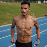 African American athlete depicted with a water bottle on a running track photo