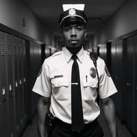 African American Security Guard with professional demeanor alert gaze and protective posture patrols a school hall conveying a sense of safety and vigilance photo