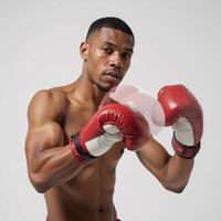 African American Boxer Training Against White Background Double Exposure photo
