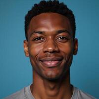 Closeup portrait of an elated African American male model with brown hair against a blurred deep sky blue background with ample copy space photo