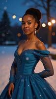 A black teenager is depicted in an ethereal frock from a retrovintage historical romanceinspired fairy tale collection with her hair styled up and against the backdrop of a wintry setting featuring photo