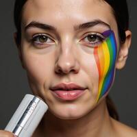 Woman portrait showcasing rainbow LGBT Pride symbol on techinspired makeup look photo