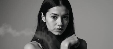 Blackandwhite portrait featuring confidently gazing modern mulatto beauty amidst swirling mist photo
