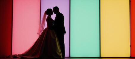 A loving couple depicted as silhouettes against a backdrop of vibrant colors embracing each other playfully during their wedding ceremony photo