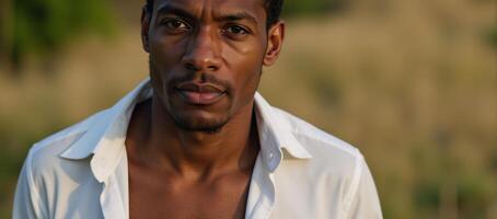 Closeup portrait of an African American man in an open white shirt in Ko Pha Ngan Thailand photo