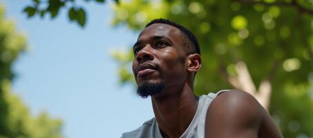 An introspective AfricanAmerican collegian contemplates under a clear sky photo