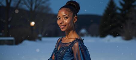 A black teenager is depicted in an ethereal frock from a retrovintage historical romanceinspired fairy tale collection with her hair styled up and against the backdrop of a wintry setting featuring photo