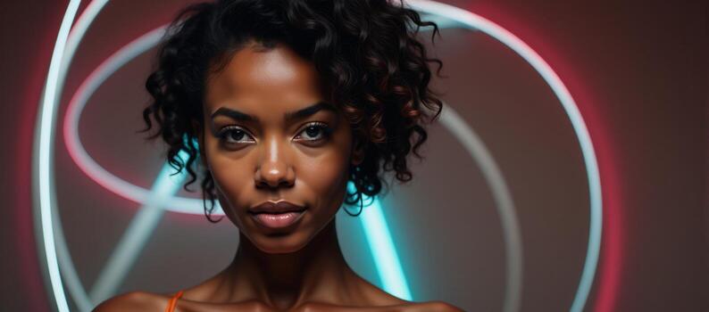 resumen fondo caracteristicas un vibrante africano americano mujer retrato con chinos y naranja acentos iluminado por neón luces diseño encabezamiento foto