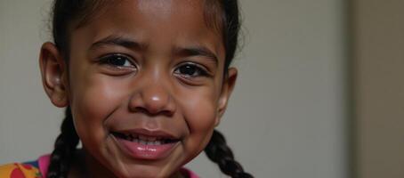 Painting depicting closeup image of young crying African American girl with pigtails photo
