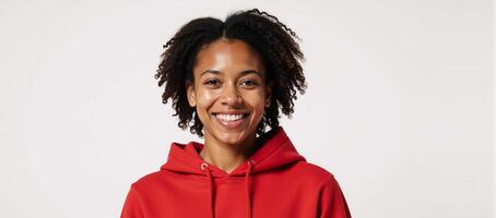 Portrait of an African American woman wearing a red hoodie against a pure white backdrop photo