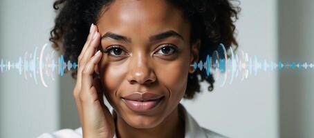 An African American woman is depicted in a closeup headshot surrounded by digital sound waves and holographic circles in an augmented reality setting with her hand touching her head against a blurred photo