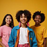 illustration featuring an upbeat stylish GenerationZ teenager of African American descent smiling against a neutral beige backdrop photo