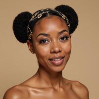 An elegant portrait featuring an AfricanAmerican woman with a striking double bun hairstyle that embodies culture and style photo