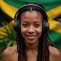 Portrait of African American man in dreadlocks listening to reggae music photo