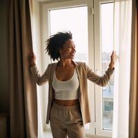 A young AfricanAmerican woman looks out the window with joy and starts her day peacefully after a restful nights sleep photo