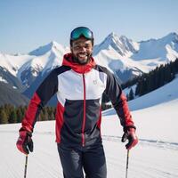 un afroamericano hombre disfruta un invierno Aléjate a un hermosa esquí recurso en medio de Nevado picos foto