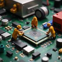 Creative miniature construction workers constructing microchip circuit board technology concept photo