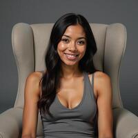 A smiling young AfricanAmerican woman sits at ease in a chair photo