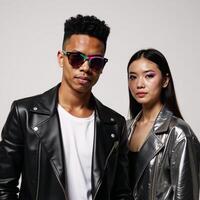 A trendy AfricanAmerican man stands near an Asian woman dressed boldly photo