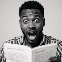 Pop Art Retro Comic Style depicts an AfricanAmerican man with a shocked and surprised expression upon learning about unbelievable news or big sales photo