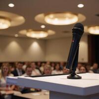 Microphone set on podium awaits conference speaker photo