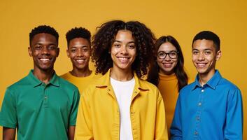 illustration featuring an upbeat stylish GenerationZ teenager of African American descent smiling against a neutral beige backdrop photo