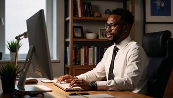 A black man works remotely at his home office photo