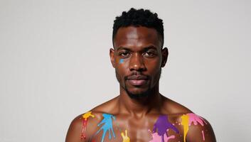 A vibrant portrait showcases an African American man from Puerto Rico with vivid color palette against stark white backdrop photo